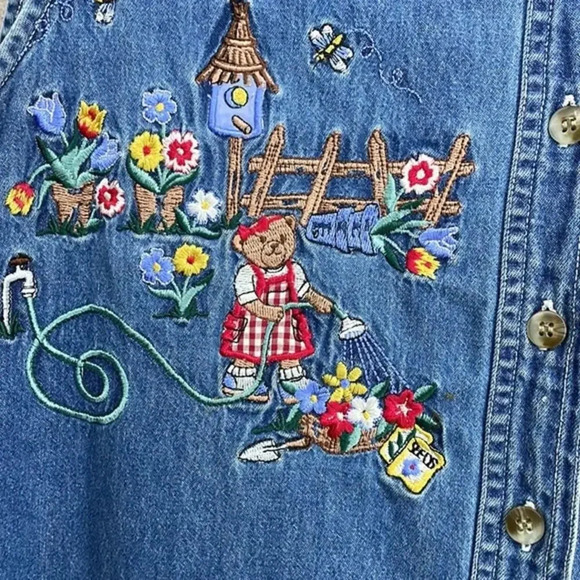 Vintage Lauren Brooke 100% Cotton Top Teddy Bears Floral Embroidered Scene Large - Picture 5 of 7